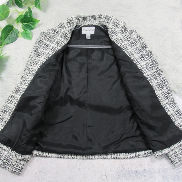 CHICO’S 1 Black White Tweed Open Front Jacket Women’s Size Medium / 8 - Picture 8 of 11